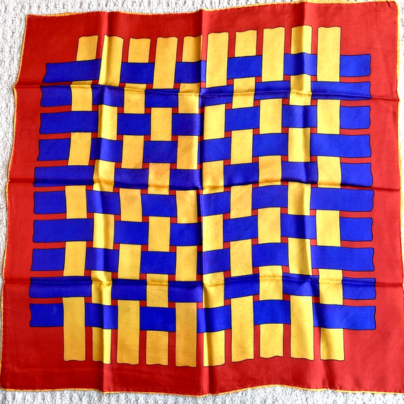 Vintage Silky Acetate Scarf Japan Bold Red Gold Blue Geometric Tailored 1970's - Picture 1 of 6